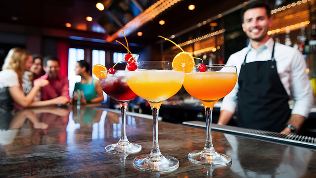 Three glasses of cocktails with orange and cherry on the bar counter