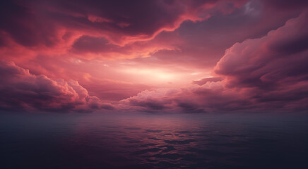 mesmerizing spectacle of a stormy cloudscape, painted in shades of pink and purple, granting an aerial vista amidst swirling clouds. Above the vast ocean, cinematic lighting - obrazy, fototapety, plakaty
