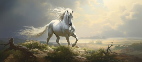 A majestic white horse gallops across the grassy hill, under a sky filled with fluffy clouds. Its elegant form embodies the beauty of a working animal in harmony with nature - Powered by Adobe