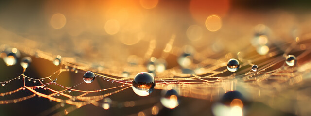 Obraz premium Golden Sunrise Through Dew on a Spider Web