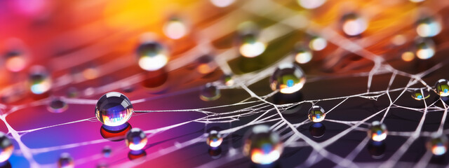 Vibrant Macro of Water Droplets on Web over Vivid Multicolor Background