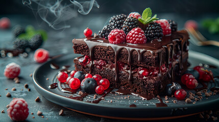 Chocolate cake with different berries on dark background. AI generated. AI generation