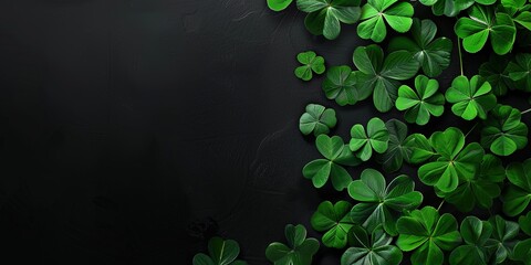 Black background with leaves on St. Patrick's Day. Shamrock leaves for a pub party. Space for your text. - obrazy, fototapety, plakaty