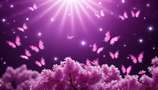 Purple butterflies on a purple background fly over a lilac bush under shining bright stars