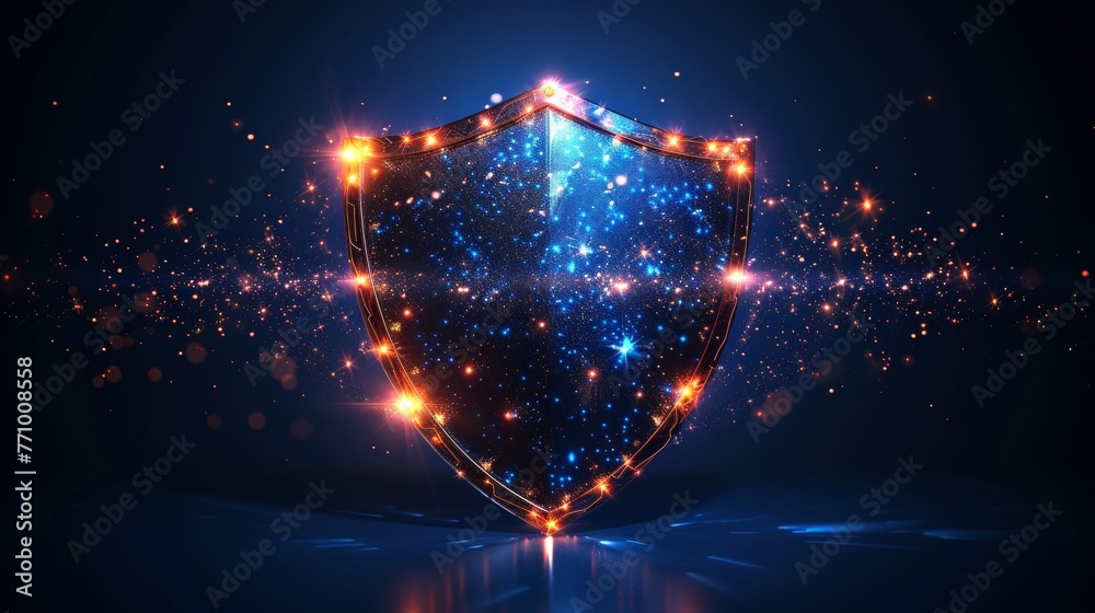 Poster modern illustration on a blue background. abstract glowing shield effect in futuristic style. abstra