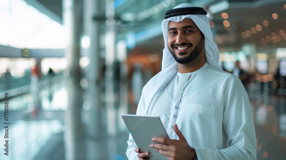 Poster Businessman using tab computer while waiting for flight boarding, young middle eastern man posing at airport terminal, millennial arab businessman using tab computer while waiting for flight boarding.