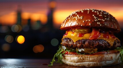 Enjoy a vegan cheeseburger with a city view, complete with charred patty and cheese - obrazy, fototapety, plakaty