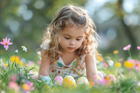Child with painting eggs outdoors