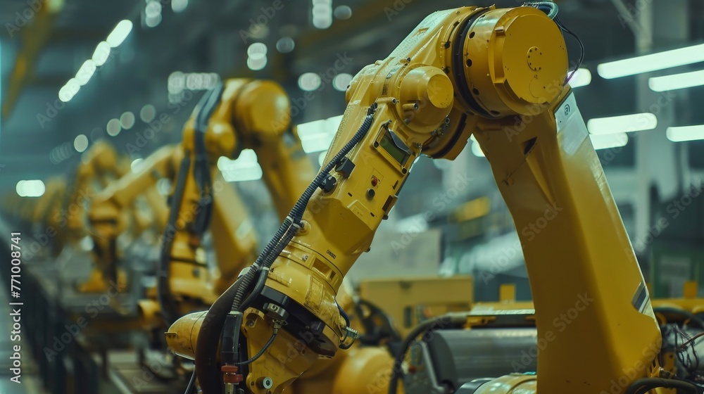 Poster An engineer checks and controls robot arms machines in an intelligent factory industrial on a real-time monitoring system. Robotic welding and digital manufacturing.