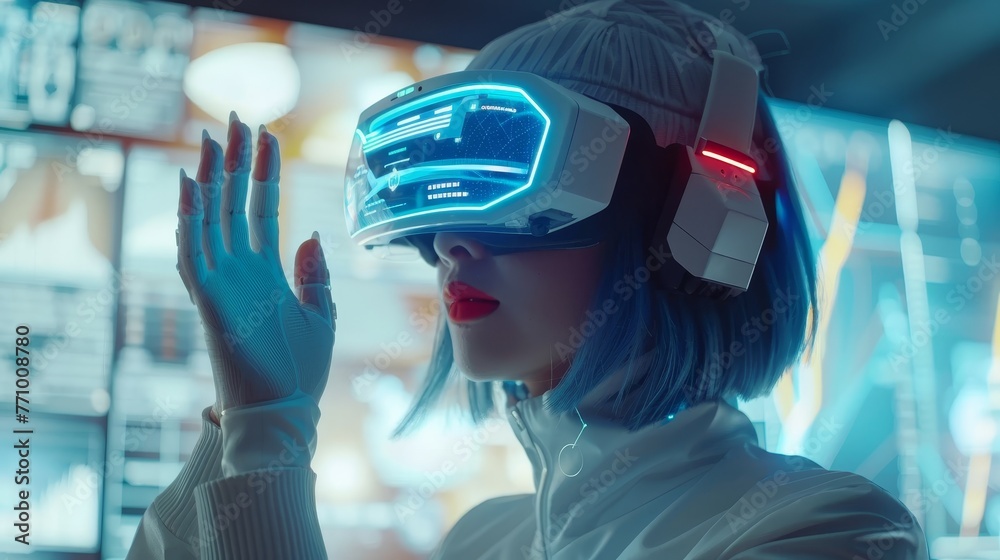 Aufkleber the girl in glasses of virtual reality presses the start button on an augmented reality game. future