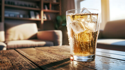 Soft drink with ice in the glass on a table - obrazy, fototapety, plakaty
