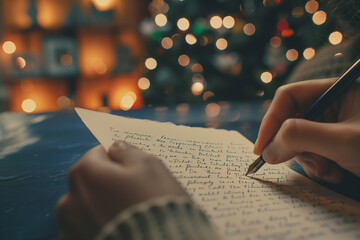 Closeup of hands writing a letter to congratulate a friend - obrazy, fototapety, plakaty