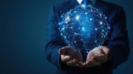 Businessman Holding a Holographic Globe with Network Connections