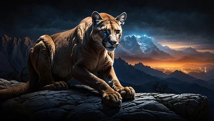 Deurstickers Portrait of a cougar, mountain lion, puma, Winter mountains © ZOHAIB