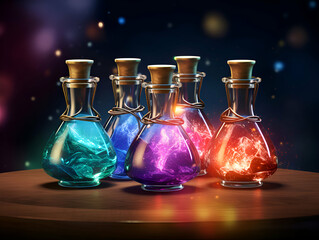 Colorful magic potion in bottles on dark background.
