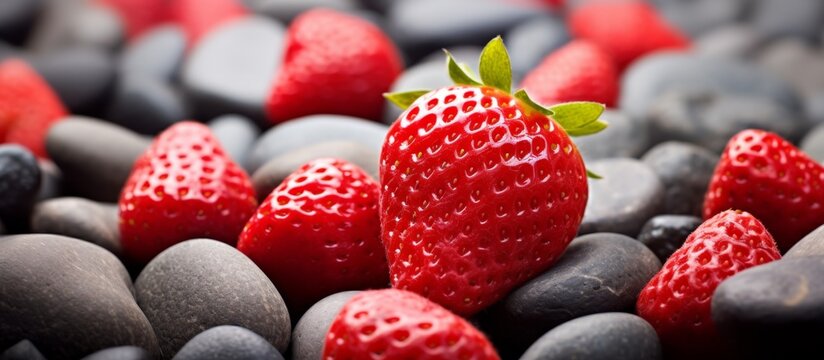 A strawberry, a seedless fruit and superfood, sits atop a mound of rocks. This berry is a staple food known for its natural sweetness and versatility in cuisine