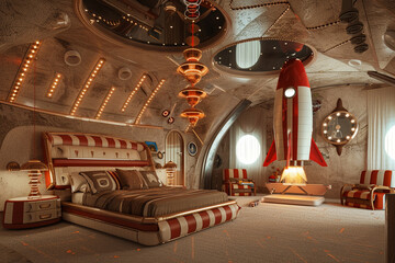 Master bedroom blending retro and futuristic styles, with unique furniture, spaceship vaulted ceiling, and rocket chandelier.