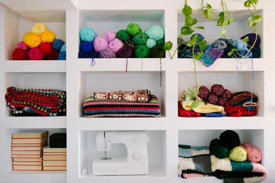 A shelving in a knitting workroom