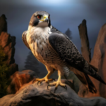 Peregrine Falcon sitting on a rock. 3d render