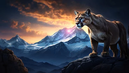 Rolgordijnen Portrait of a cougar, mountain lion, puma, Winter mountains © ZOHAIB