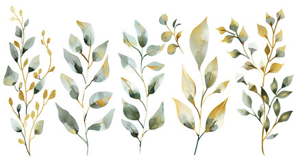 A set of watercolor botanical leaves in various shades of green and gold, perfect for adding organic details to your designs. 