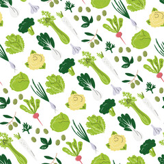 Celery and cauliflower seamless pattern design. Broccoli and many vegetables background isolated on white. Diagonal wrapping paper print design. Cabbage family hand drawn flat vector illustration