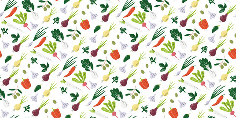 Vegetable seamless pattern with potato, pumpkin, and beet. Agricultural and organic food print design. Horizontal background isolated on white. Nightshade family hand drawn flat vector illustration