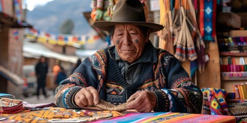 Bolivian indigenous man preparing crafts to sell at a market in La Paz showcasing Latin American culture. Concept Indigenous Crafts, Latin American Culture, Bolivian Market, La Paz Scene - obrazy, fototapety, plakaty