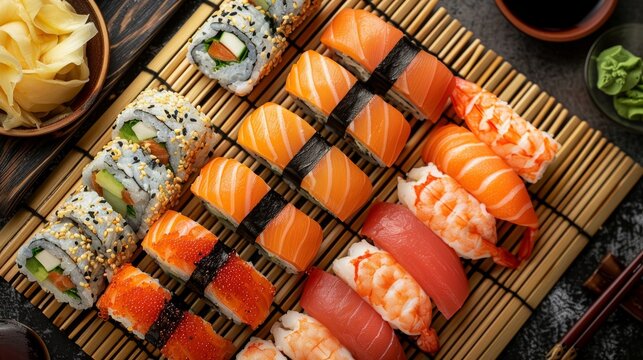 Close-up Photography of Vibrant Sushi Assortment on a Bamboo Mat Generative AI