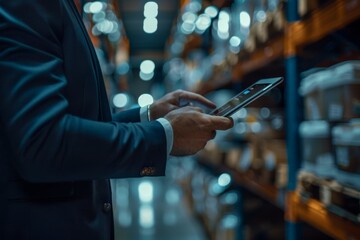Businessman Checking Inventory at Manufacturing Company on Touchscreen Tablet Generative AI