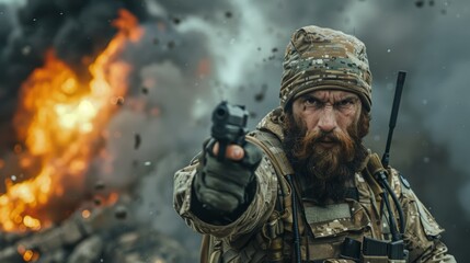 Fototapeta premium Bearded Special Forces Soldier Pointing Target and Directing Attack amidst Burnt Ruins and Heavy Explosions Generative AI