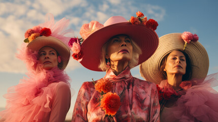 Three older women posing while wearing pink outrageous flat caps hats and flamboyant and eccentric clothing.