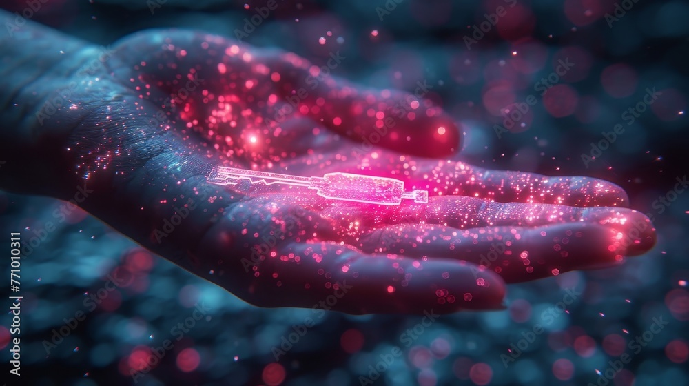 Poster A digital key in hand in a futuristic polygonal style. Concept of privacy or problem solving. Modern abstract illustration incorporating glowing holograms.