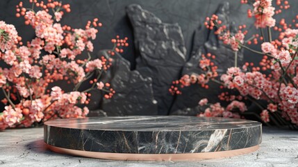 Ultra-Realistic Modern Black Marble Podium with Rose Gold Accents and Soft Pink Flowers Background Generative AI