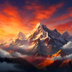Fantasy landscape with mountains and clouds. 3d illustration for background
