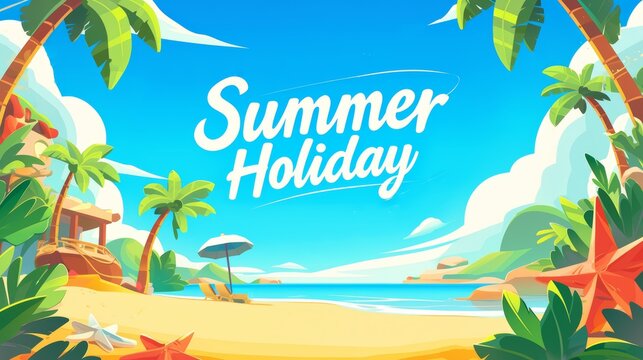 Summer Holiday, bright summer theme horizontal frame for social media, greeting card, sales promotion banner with colorful flat design style 