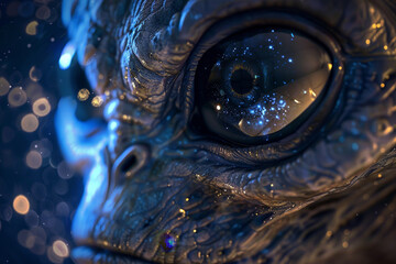 A close up of a monster's eye with a blue background