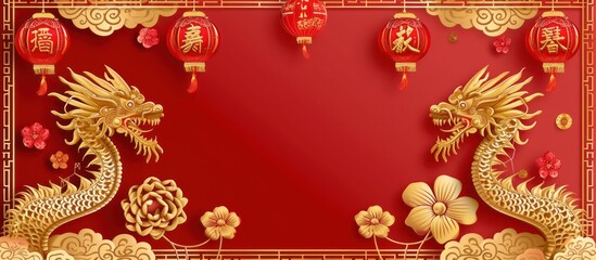 Chinese lanterns and flowers banner