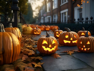 Fototapeta premium Halloween pumpkins on cobblestone walkway in autumn park