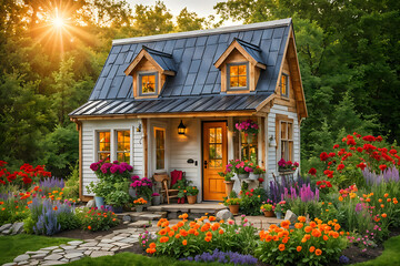 Fototapeta na wymiar exterior view of a wooden house during spring season