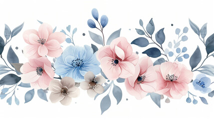 watercolor pastel blue pink spring floral leaves and flowers, vector illustration on white background