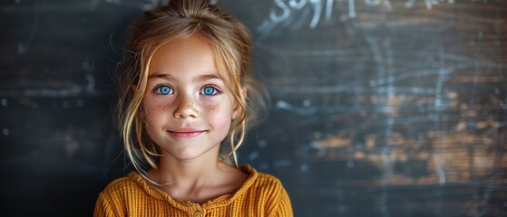 A smiling child smiles at the blackboard. School concept.