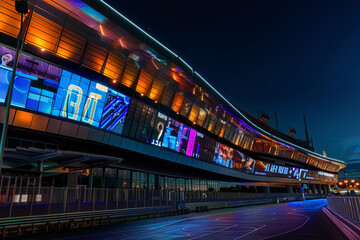 Fototapeta na wymiar Nighttime view of a basketball arena's exterior, illuminated by LED lights, with a sleek, curved design and digital billboards.