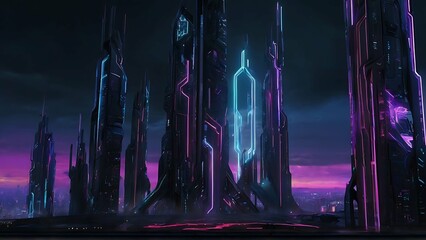 In the midst of a futuristic cityscape, a towering cybernetic entity looms, its metallic frame gleaming and intricate circuitry glowing with energy. This sci-fi elemental is depicted in a hyper-realis - obrazy, fototapety, plakaty