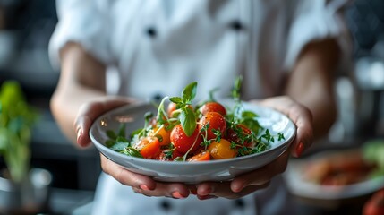 Chef presents a fresh gourmet salad in a bowl. Focus on vibrant vegetables. Perfect for culinary blogs and menus. Culinary arts showcased. AI - obrazy, fototapety, plakaty