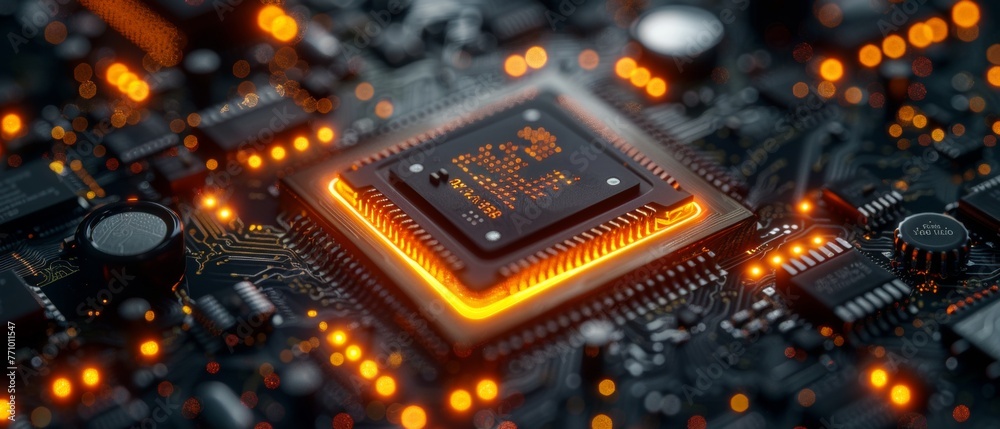 Poster Digital Processor, parts of repair smartphone. Microchips, smd electronic devices on circuit boards and motherboards. 3D rendering of electronic microcontrollers and circuit boards.