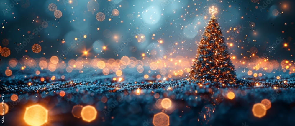 Aufkleber An electronic technology Christmas poster with Christmas tree and digits 2024. A cyber computer design congratulations card for the new year. A tech banner of an annual event in 2024...