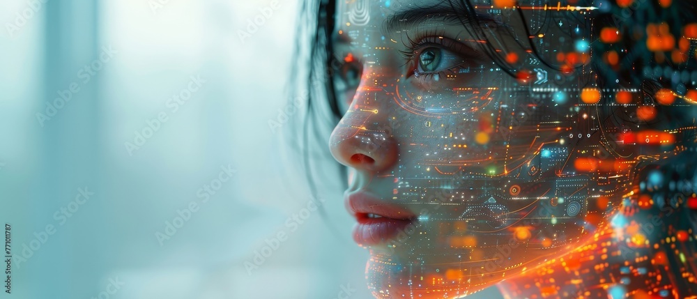 Poster Artificial intelligence in image wise face on screen hanging phone. Artificial neural network technology innovation. Intelligent chatbot on mobile phone. Robot head analyzes data.