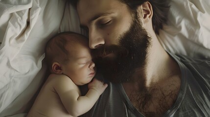 Affectionate Bearded Father Comforting Newborn Baby in Bed. Gentle Paternal Embrace, Pure Love. Tender Moments of Fatherhood. Cozy, Intimate Family Life. AI - obrazy, fototapety, plakaty