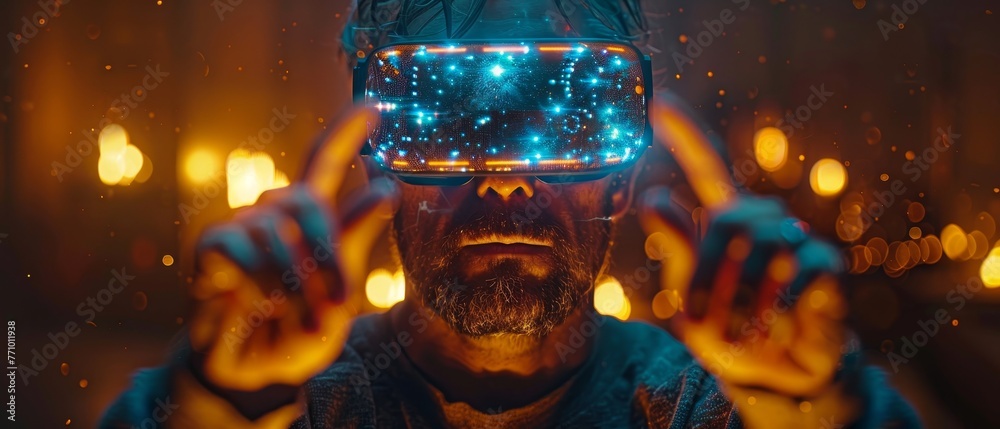 Aufkleber using a vr device, a man is immersed in a virtual world. virtual reality, augmented reality, ai tech